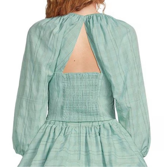 Buru Sweetheart Neck Balloon Sleeve Stripe Smocked Bustier Crop Top NWT Aqua - Picture 7 of 16